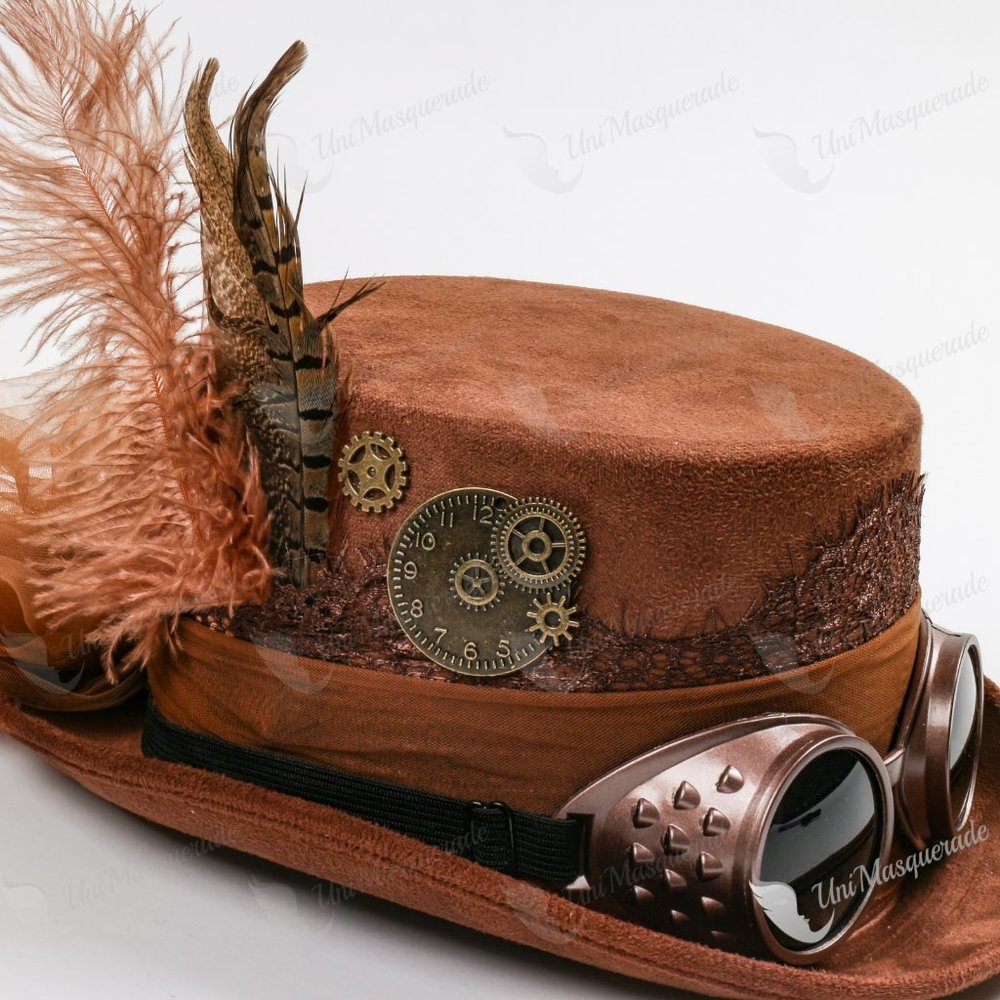 Victorian Brown Steampunk Women Feather lace & Goggles Top Hat Summer Party Mask